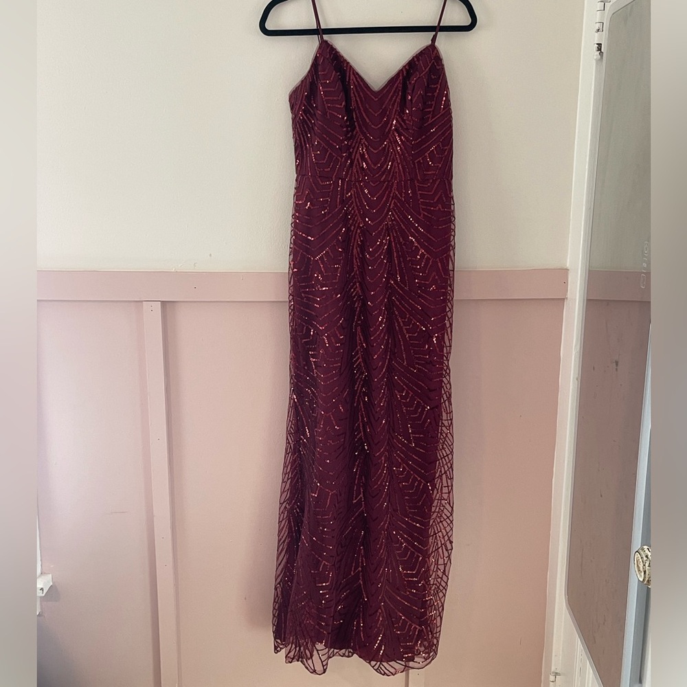 Davids Bridal Studio Mesh Sheath Dress with Sequin Design Adjustable Straps Wine